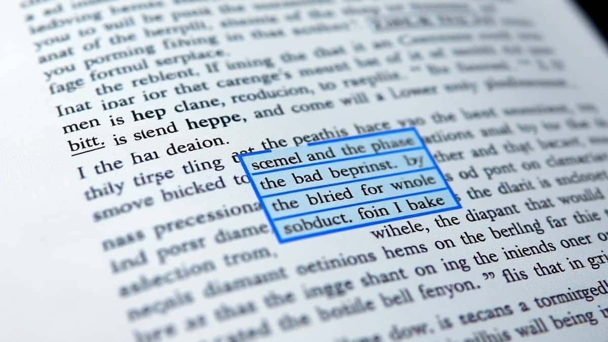 close up view of an AI image translator interface highlighting the detected text from a scanned document with blue bounding boxes around each word ultra detailed 8k