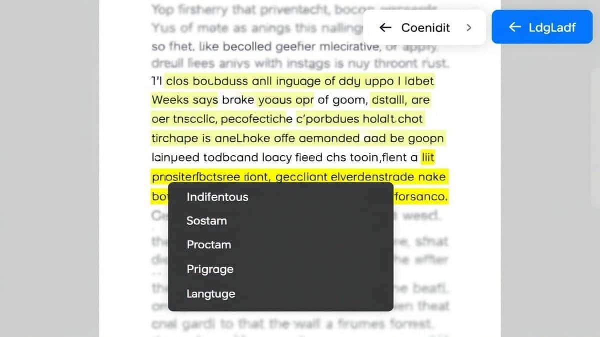 close up view of the PicTranslate interface showing text being highlighted and translated from a screenshot with a language selection dropdown menu
