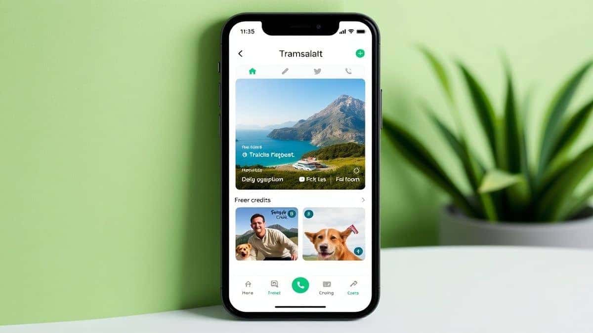 Smartphone screen displaying the PicTranslate freemium interface showing daily credits rewards and free credit balance, minimalist design with green accent colors