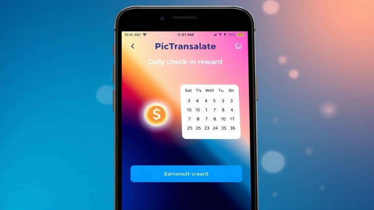 Mobile phone screen showing the PicTranslate daily check-in reward interface with a calendar highlighting earned credits, modern gradient design with a glowing coin icon and subtle particle effects in the background.