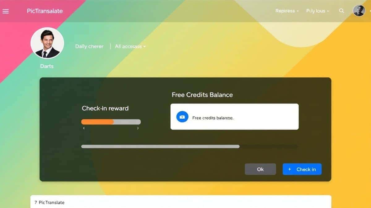 Screenshot of the PicTranslate user dashboard highlighting the daily check-in rewards and free credits balance, showing a modern UI design with a progress bar and a 'Check In' button.
