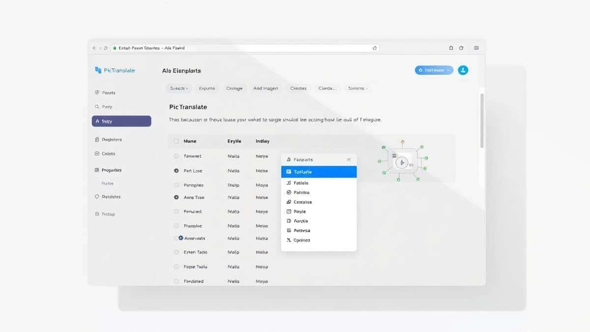 modern web browser window showing PicTranslate dashboard with uploaded technical diagram text highlighted in blue translation language dropdown open clean minimalist UI soft shadows