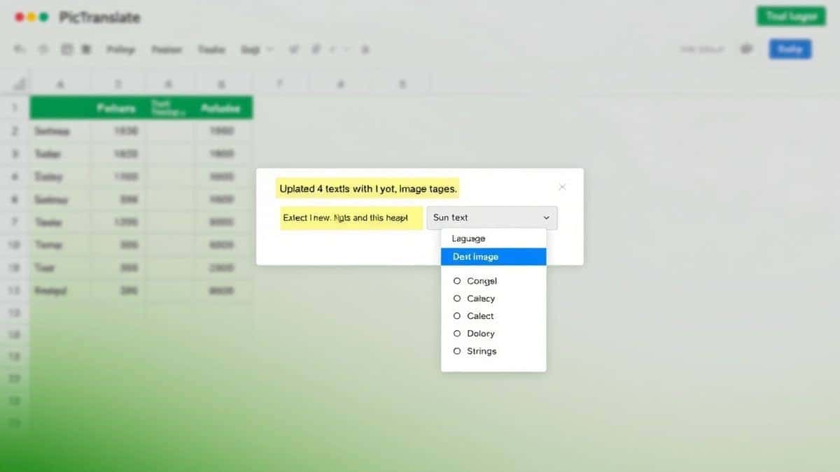 PicTranslate web interface showing uploaded spreadsheet image with detected text highlighted and language selection dropdown, clean modern design, soft shadows