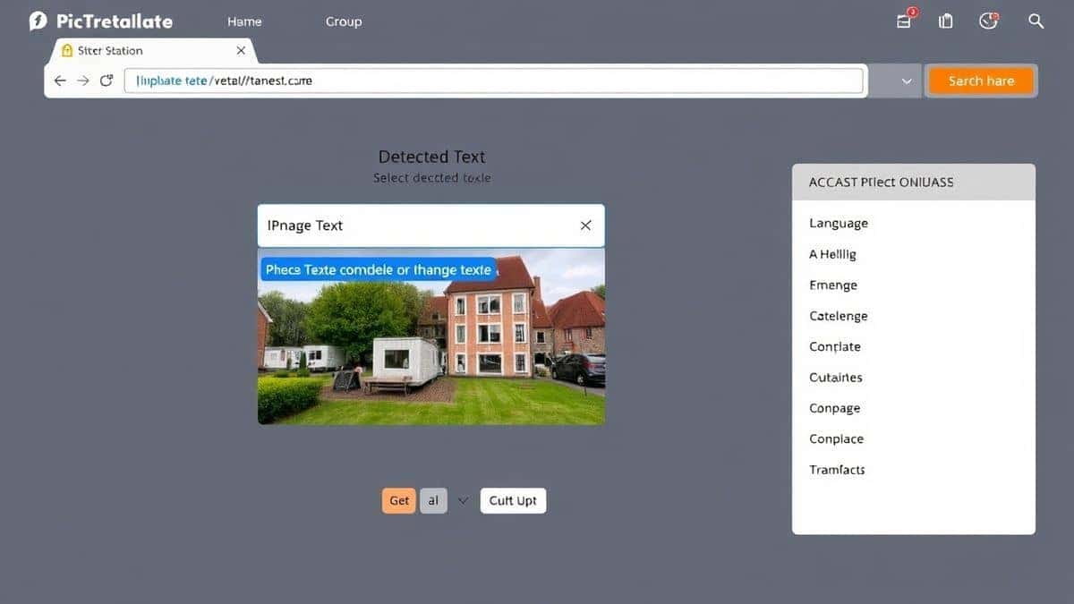 screenshot of PicTranslate web application showing image upload area, detected text highlighted in blue, language selection dropdown, and translated output panel, clean modern interface with soft gradients screenshot of PicTranslate web application showing image upload area, detected text highlighted in blue, language selection dropdown, and translated output panel, clean modern interface with soft gradients