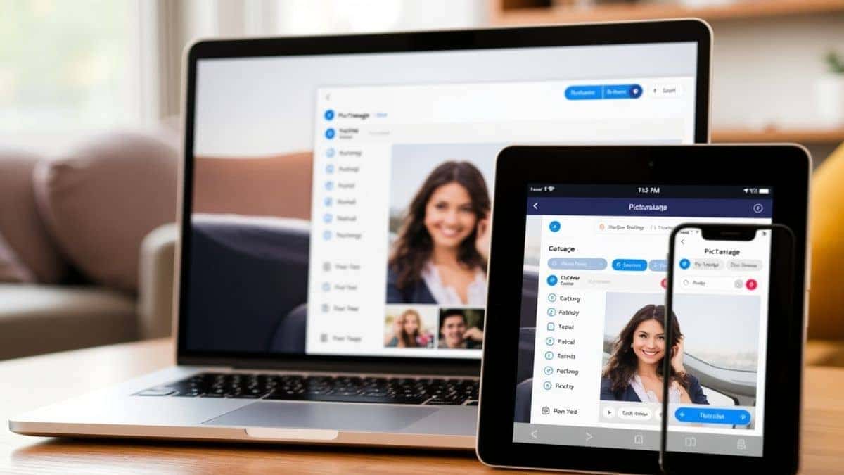 PicTranslate interface displayed on laptop, tablet, and smartphone showing consistent experience across devices, modern lifestyle setting, soft natural lighting