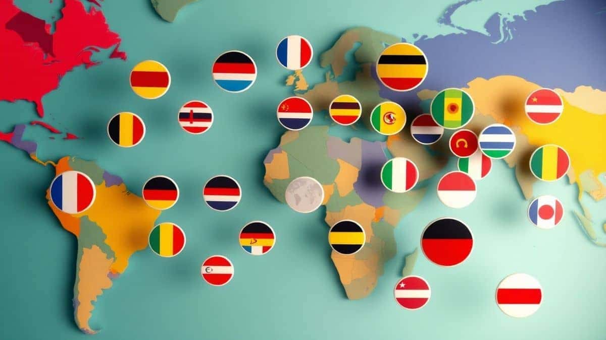colorful world map background with floating language badges representing 40+ supported languages modern design soft lighting