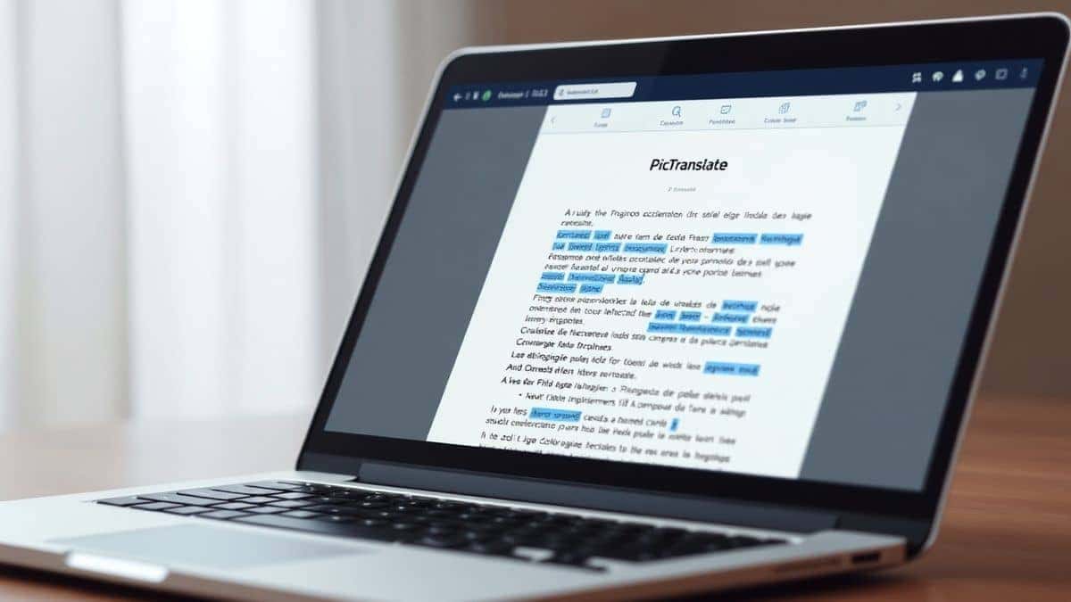 close up view of a laptop screen showing the PicTranslate interface with a portuguese document uploaded, blue highlights indicating detected text regions, modern UI with soft gradient background
