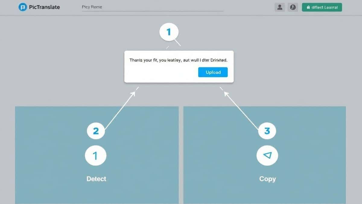 step by step visual guide on the PicTranslate website showing numbers 1 upload 2 detect 3 translate 4 copy with clean icons and a light blue background