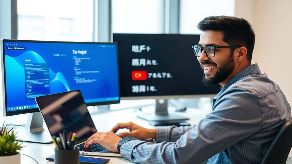 completed translated technical diagram displayed on laptop screen next to coffee cup representing successful workflow professional workspace setting warm inviting lighting