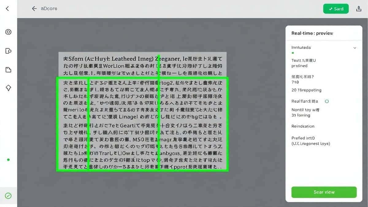 PicTranslate AI OCR tool interface showing green bounding boxes around detected text in uploaded image with real-time processing indicator and translation preview panel on right side
