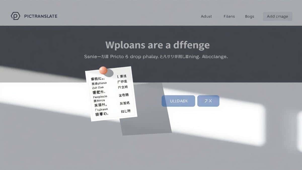 sleek minimalistic web interface of pictranslate showing a clear drag and drop upload area with a subtle gradient background and a sample image placeholder