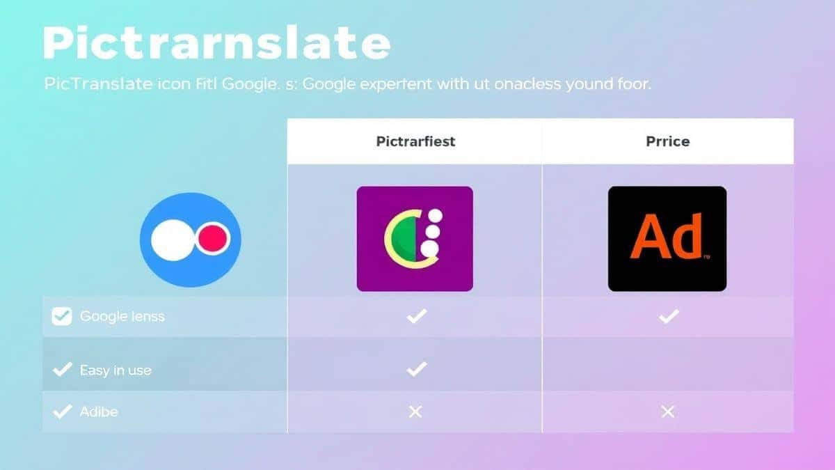 a feature comparison chart showing PicTranslate Google Lens and Old Software with checkmarks for features like no install free credits and AI accuracy with PicTranslate having the most green checks