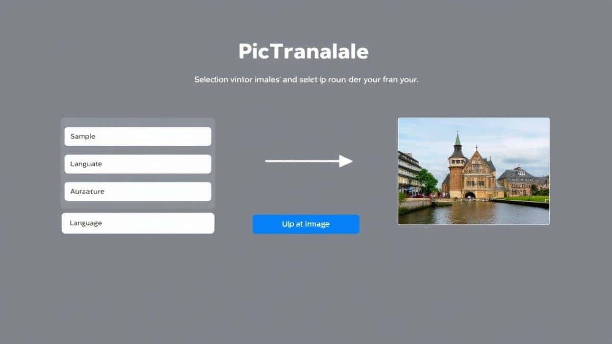 clean modern web interface of PicTranslate AI image translator showing upload area with drag and drop functionality bright minimal UI with sample image preview and language selection dropdown