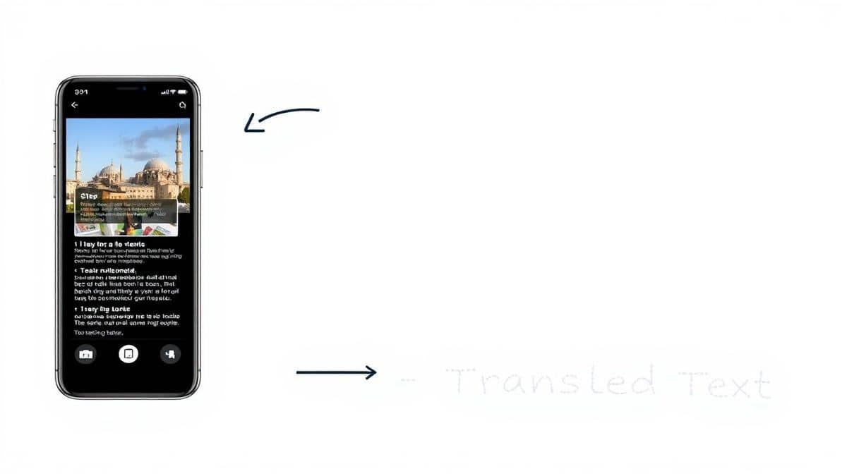 step by step visual guide showing a smartphone screenshot being uploaded to an image translator, the text being extracted and then appearing as translated english text below, clean workflow illustration step by step visual guide showing a smartphone screenshot being uploaded to an image translator, the text being extracted and then appearing as translated english text below, clean workflow illustration