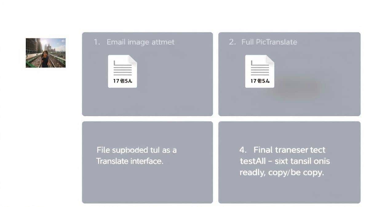 Step-by-step visual guide showing four panels: 1. Email inbox with image attachment, 2. File being uploaded to PicTranslate interface, 3. AI processing indicator with text overlay on image, 4. Final translated text ready to copy, clean and minimalist design