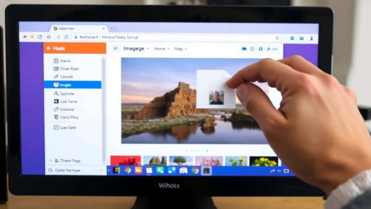 a person using a mouse to drag and drop an image file from their computer folder into a web browser tab for an image translator tool