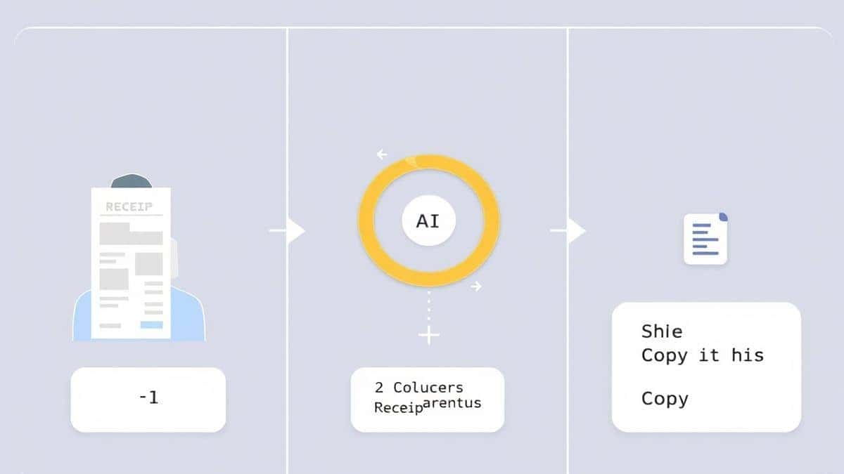 Split screen illustration showing three steps: 1. User uploading a blurry receipt photo, 2. AI processing with a spinning wheel and highlighted text overlay, 3. Clean text output box with a copy icon, minimalist tech style