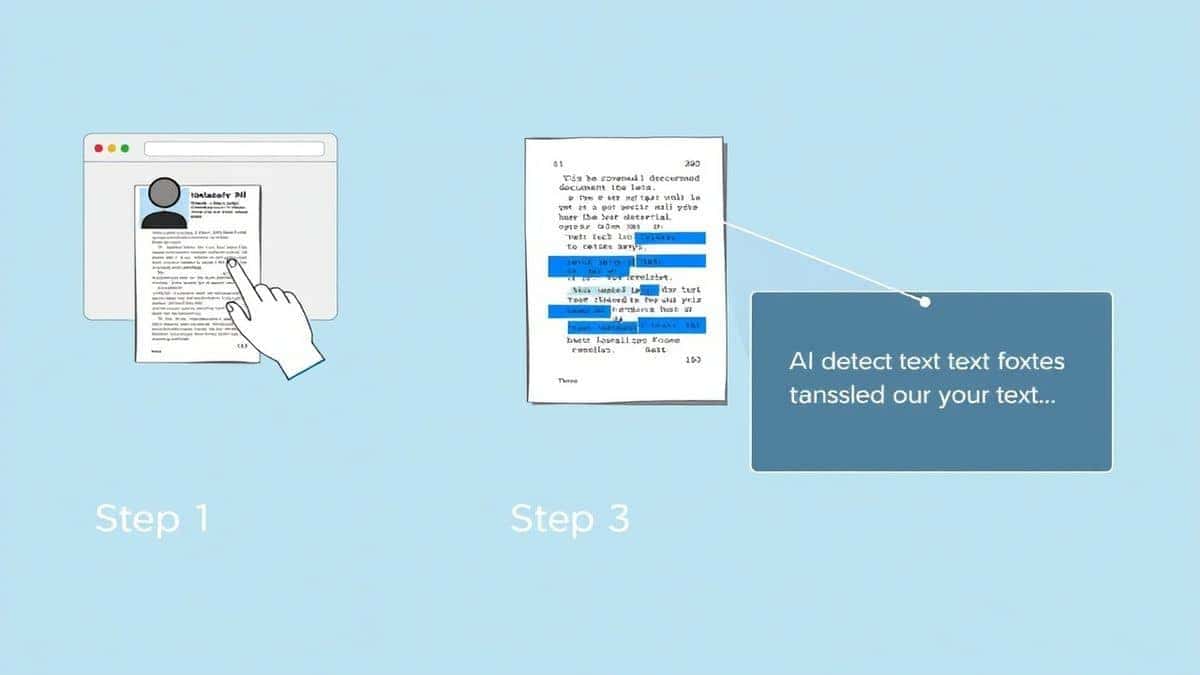 three panel illustration showing step 1 a user dragging a scanned document into browser step 2 the AI detecting text with blue highlights step 3 the translated text appearing in an output box