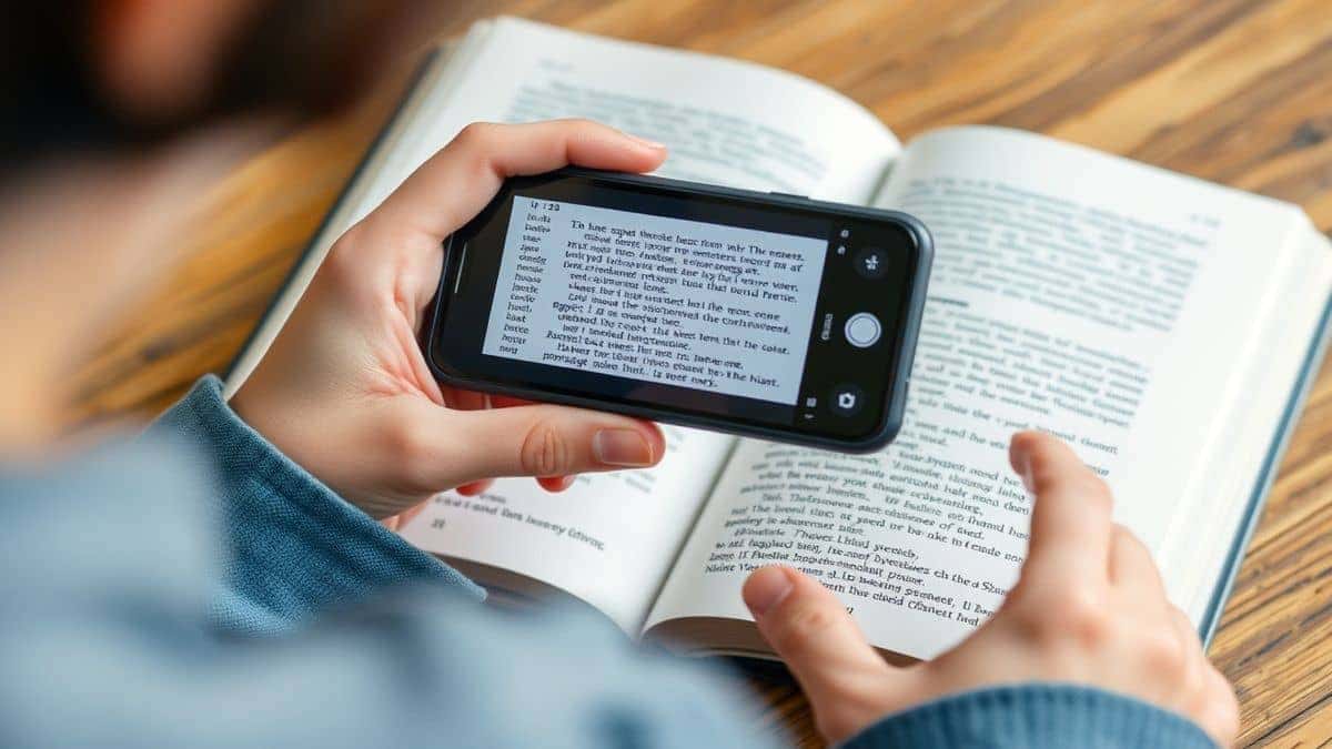 student holding smartphone over open textbook using mobile image translator to extract and translate foreign text from book page natural lighting detailed view of phone screen showing OCR detection