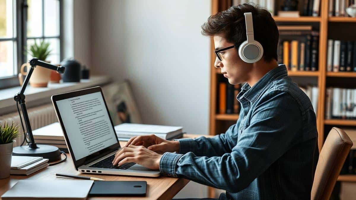 university student sitting at desk using modern AI image translator on laptop screen extracting text from textbook photo clean bright lighting cozy study room setup