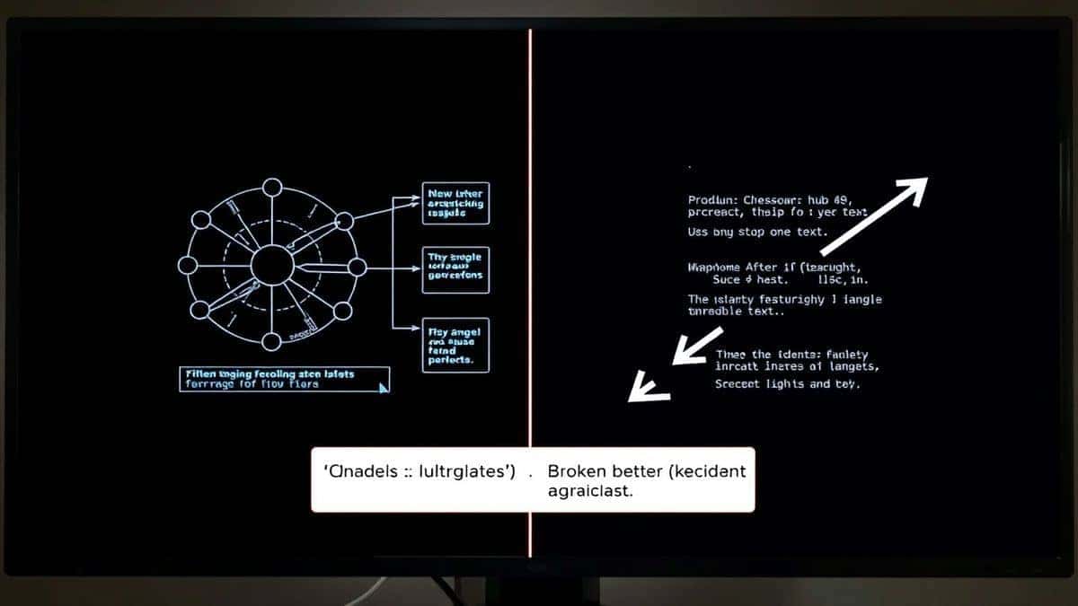 split screen comparison showing original technical diagram on left and same diagram after failed OCR translation with misaligned text and broken arrows on right dramatic lighting highlighting errors
