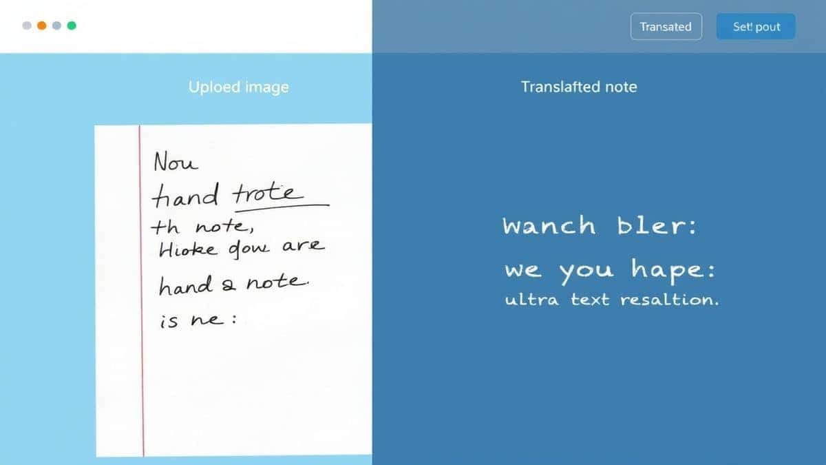 A clean, modern web interface showing an uploaded image of a handwritten note on one side, and the translated text output on the other side, with a soft blue and white color scheme, ultra detailed, high resolution