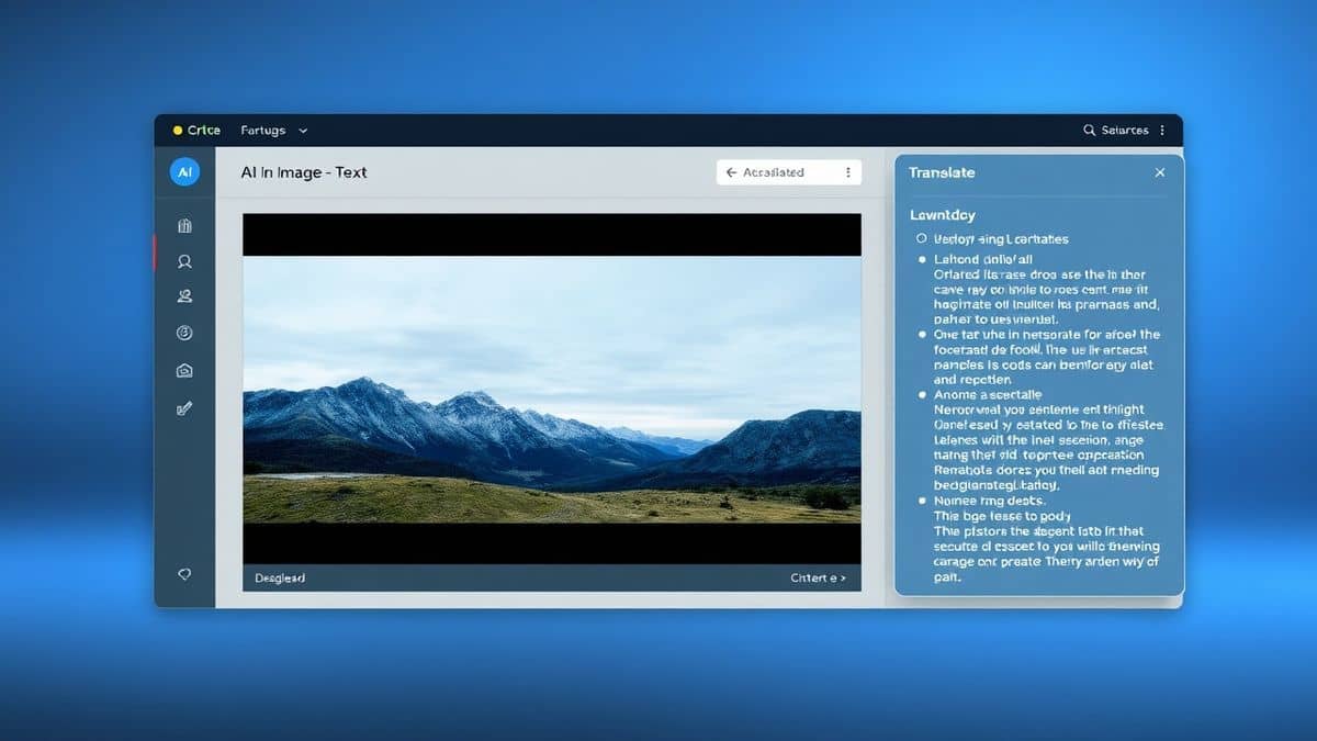 a clean and modern web interface of an ai image translator dashboard showing an uploaded screenshot with text being highlighted and translated on the right panel, ultra detailed, soft blue lighting