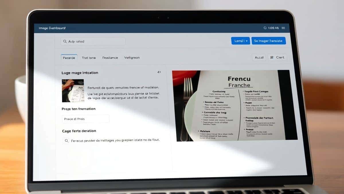 a clean and modern web dashboard interface of an image translator tool showing an uploaded photo of a french menu with the extracted text and french translation displayed side-by-side on a laptop screen soft lighting