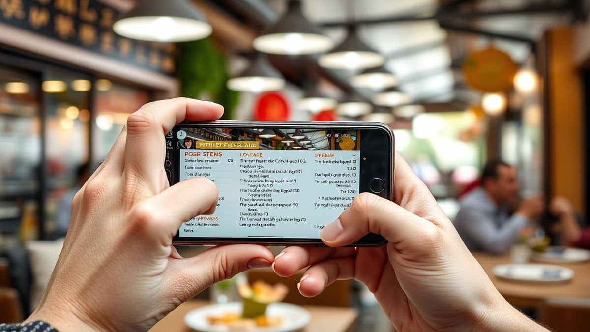 tourist holding smartphone capturing restaurant menu with ai translation overlay showing english text modern street food setting natural lighting
