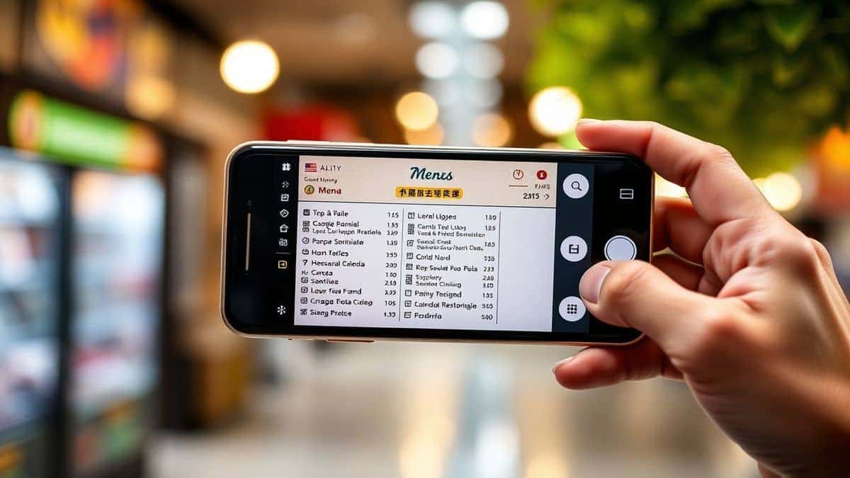 traveler using smartphone to capture image of foreign menu with text overlay showing translation clean bright lighting detailed UI