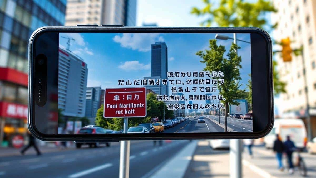 smartphone displaying translated text over a real world road sign in a foreign city, augmented reality style overlay, bright daylight, sharp focus, ultra realistic