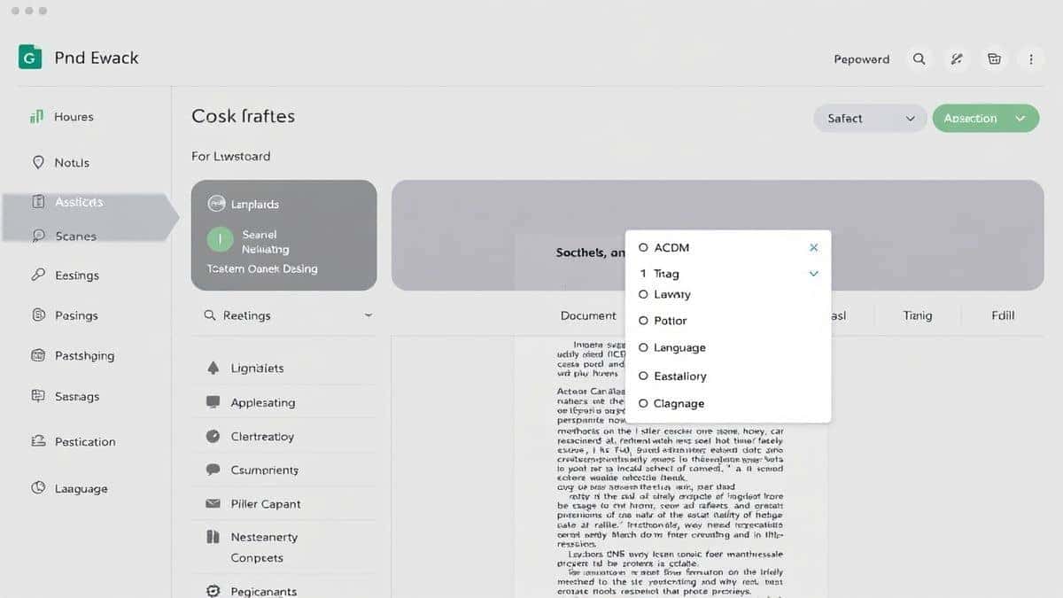 modern web based dashboard showing an uploaded scanned document with AI powered OCR detection overlays and language selection dropdown clean minimalist interface bright lighting