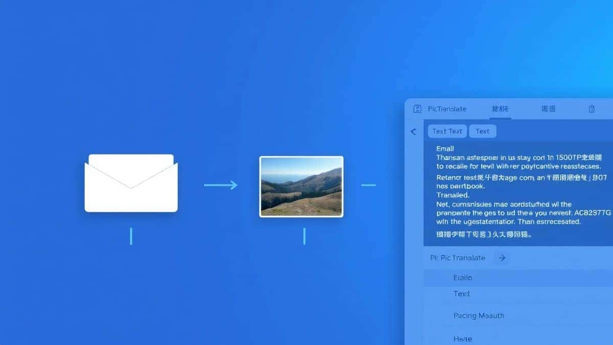 A clean minimalist workflow diagram showing an email inbox on the left, an image screenshot being dragged to the center, and a translated text output on the right side of the PicTranslate dashboard, soft blue lighting, ultra detailed UI