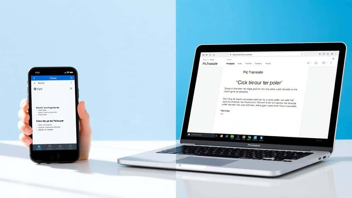 split screen image showing a smartphone on the left displaying a screenshot of a portuguese app, and a laptop on the right showing the translated text in english on the PicTranslate website, workflow concept, bright and clear lighting