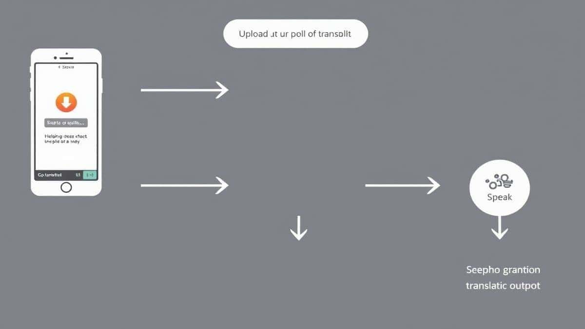 step by step visual showing mobile screenshot upload to translation output with arrows indicating flow modern infographic style