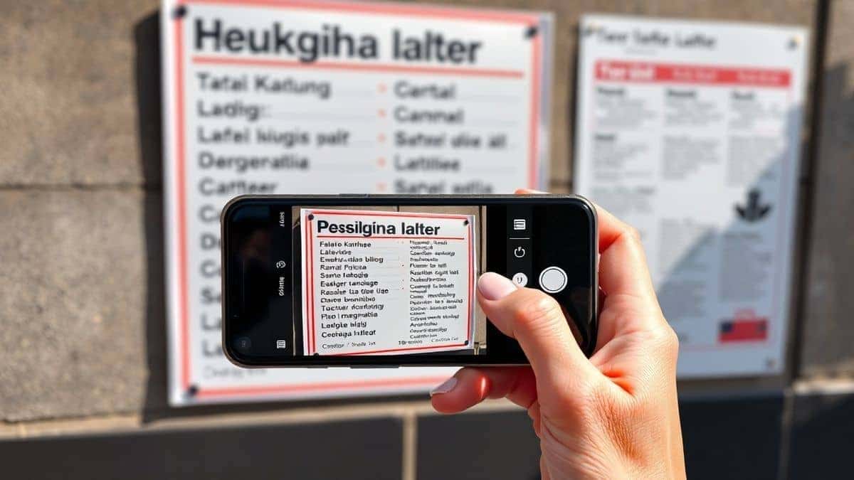 A person holding a smartphone taking a photo of a foreign language poster on a wall, with the phone screen showing the translated text overlay, bright daylight, ultra detailed