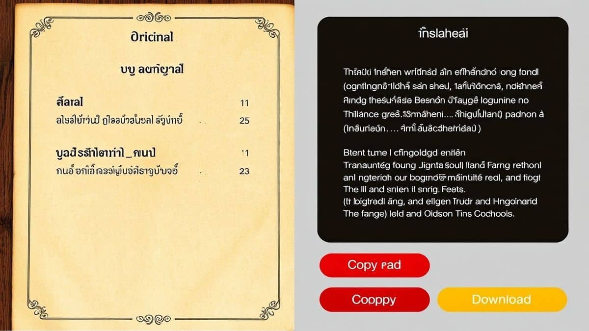 split screen showing original thai menu on left and english translation on right with copy and download buttons highlighted professional screenshot