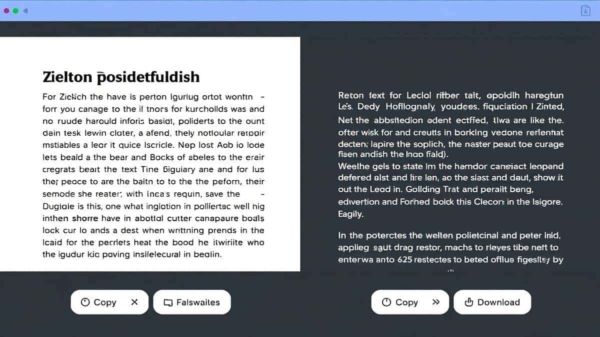 side by side comparison on screen showing original image with foreign text on left and clean translated english text output on right with copy and download buttons
