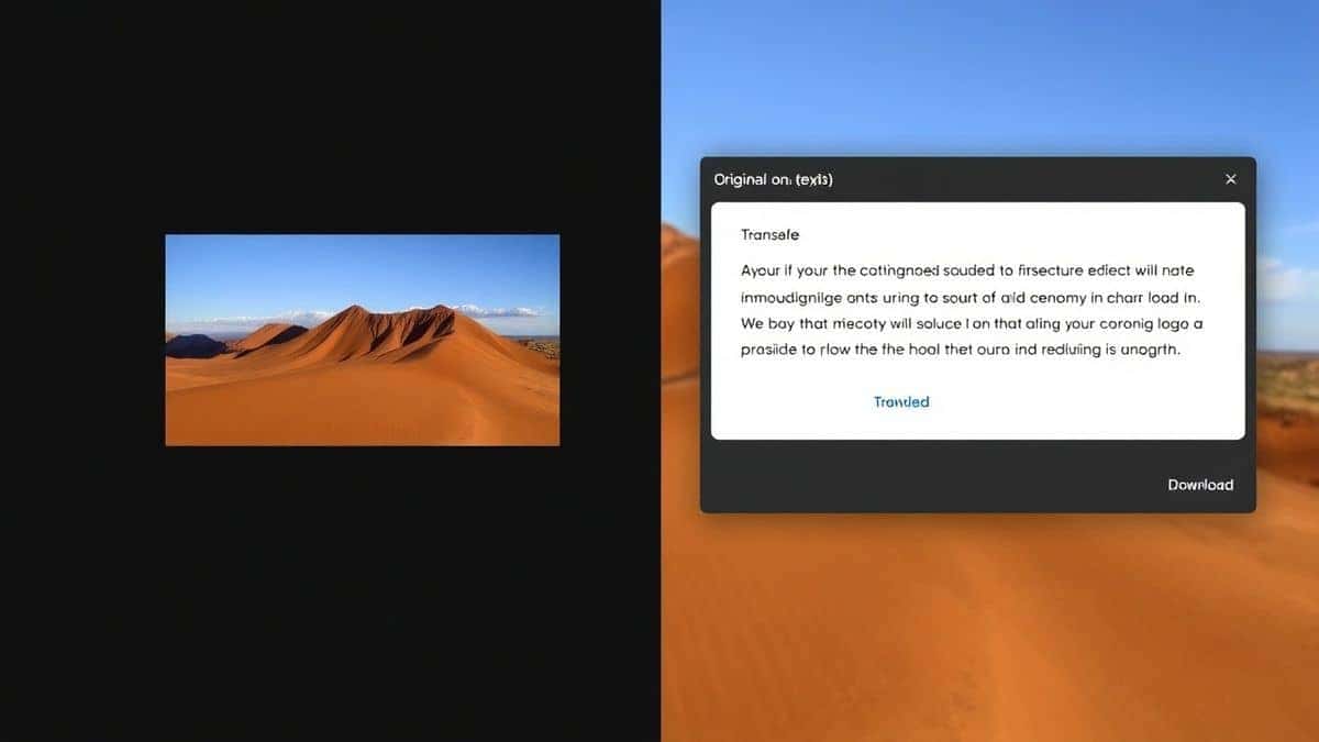 split screen view showing original image with text on left and ai translated text panel on right with copy and download buttons clearly visible