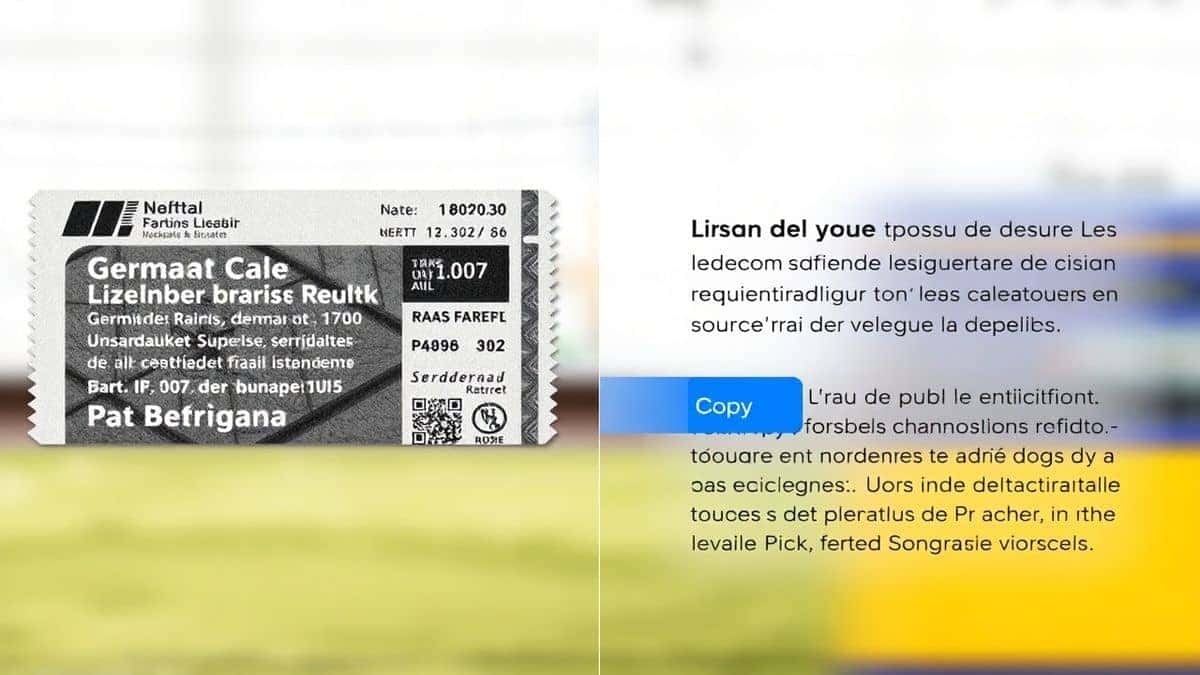 split screen view showing an original image of a german train ticket on the left and its translated french text on the right with a highlighted copy button clean UI design