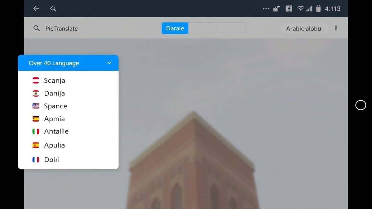 PicTranslate interface dropdown menu showing over 40 language options including Japanese, Spanish, French, and Arabic for translating photo text, high resolution UI screenshot