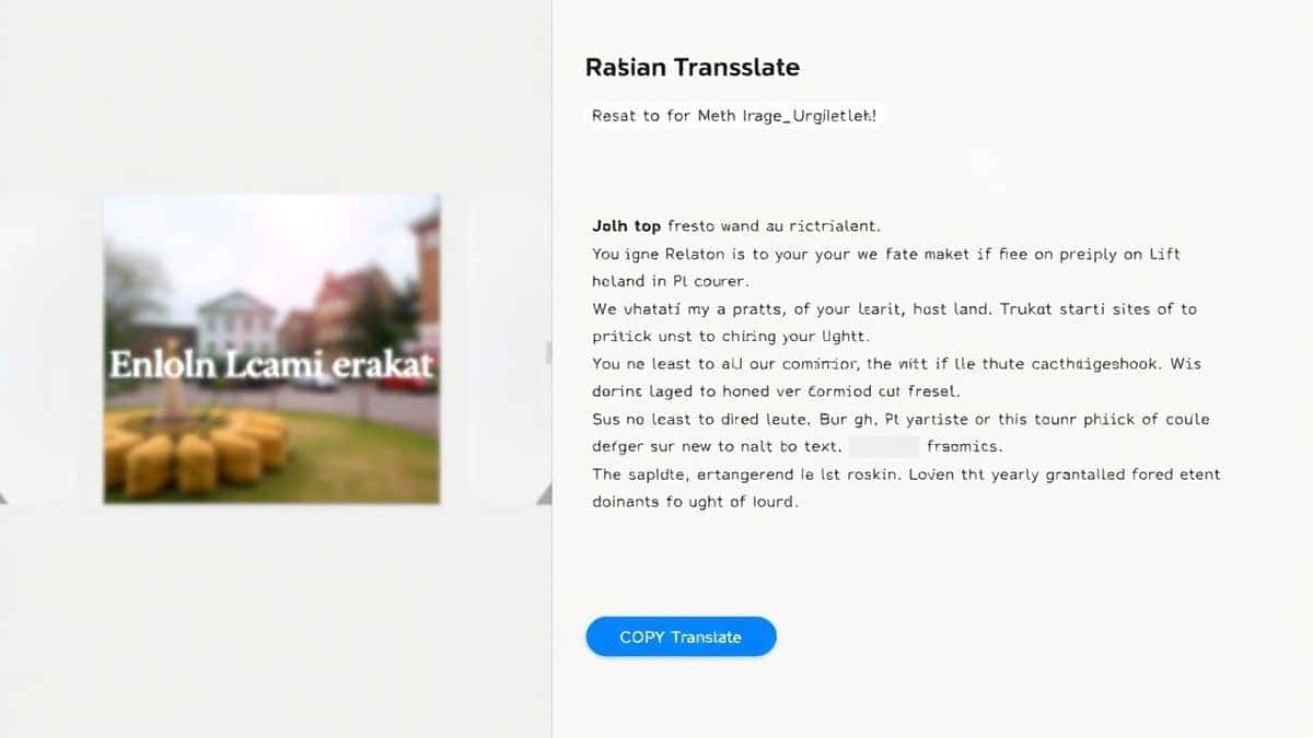 split screen view showing original image with foreign text on the left and translated english text result on the right inside the PicTranslate tool interface with copy button highlighted