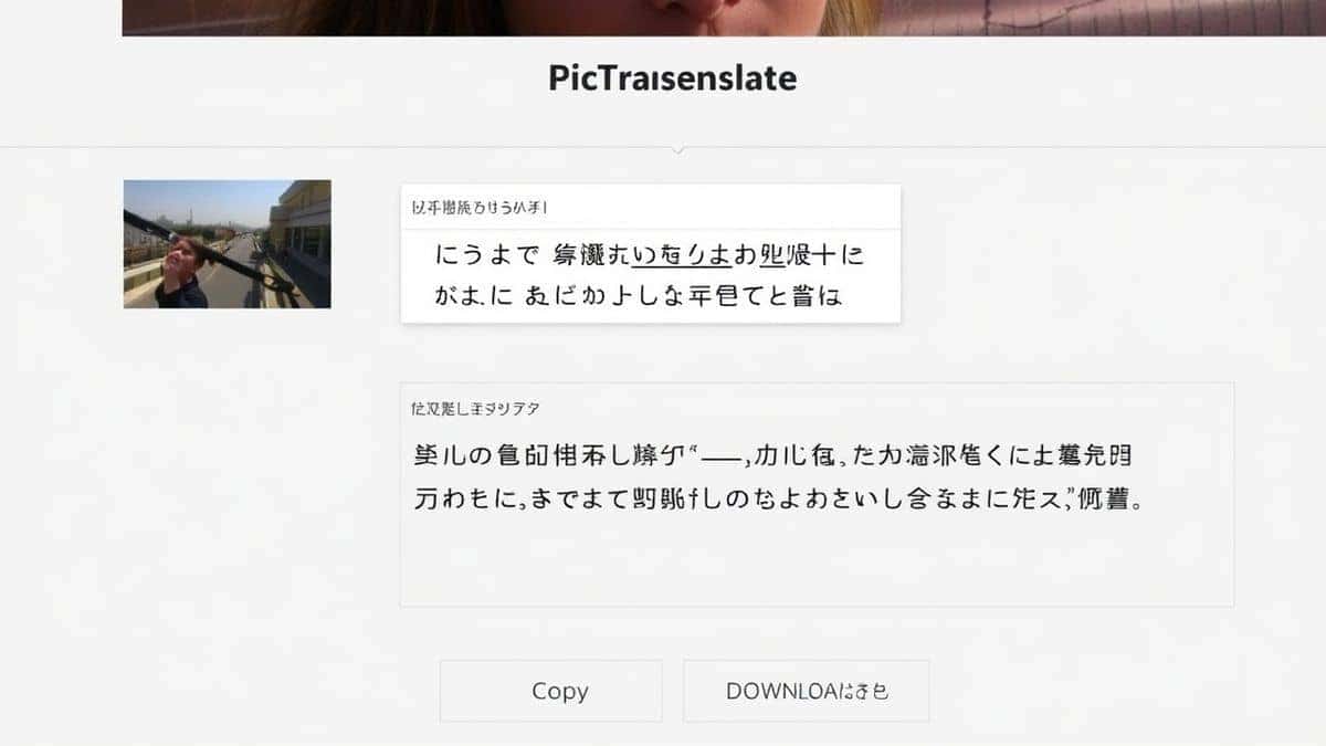 A close-up view of the PicTranslate results page showing the original uploaded image thumbnail, the extracted handwritten text in a box, and the final translated text in another box with a 'Copy' and 'Download' button below
