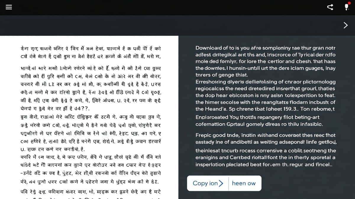 split screen showing original foreign text on left and translated English text on right with copy and download buttons visible