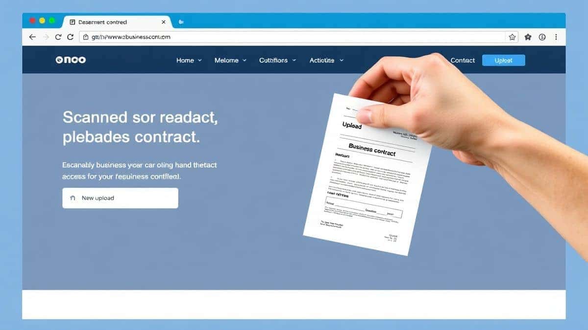 user dragging and dropping a scanned business contract into a web browser upload interface minimalist design with blue accent colors