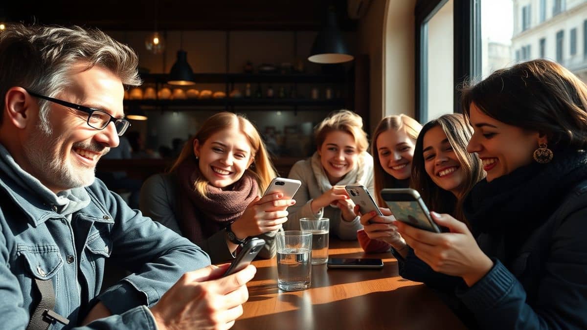 diverse group of travelers in european cafe using smartphones with pictranslate interface visible happy expressions natural lighting